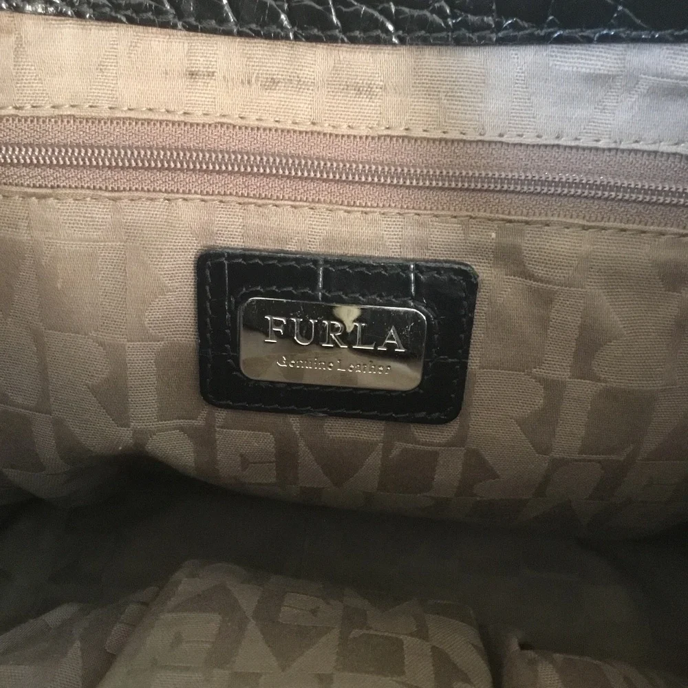Furla Onyx Black Leather Embossed Croc Tote Bag
